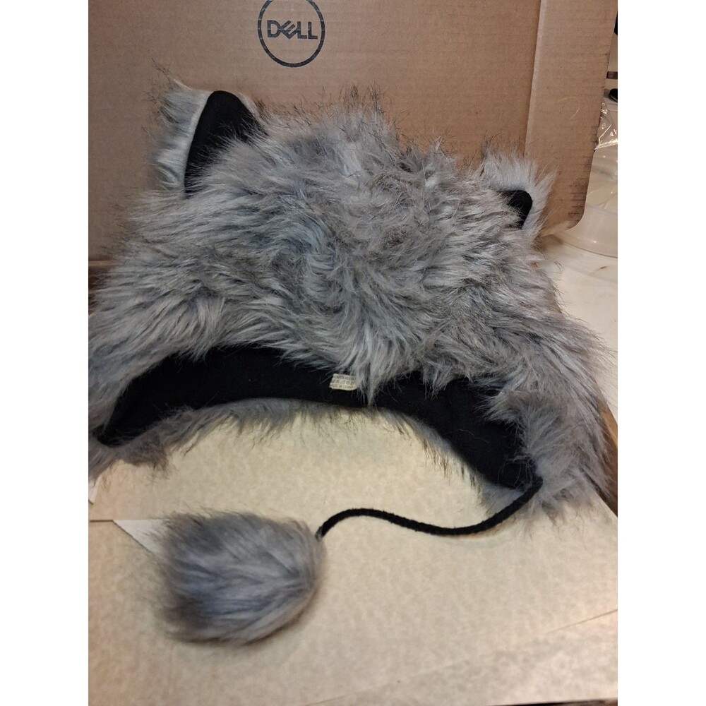 Faux Fur Grey Wolf Costume Hat with Animal Ears and long Pom Tail Cosplay